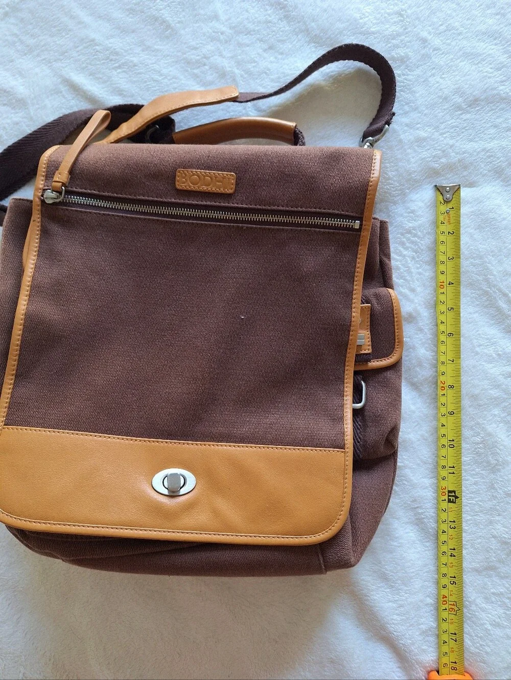 BODHI Genuine Leather & Canvas Messenger Bag Briefcase Brown 12x13